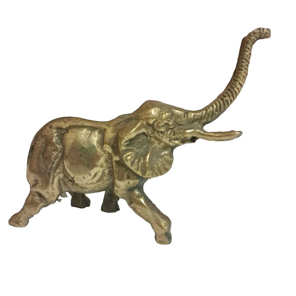 Vintage Brass Elephant Figurine Lucky Trunk Up Tusk Animal Statue Small 4" Decor